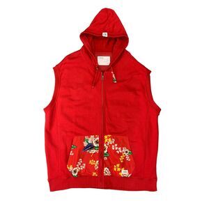 Parish Nation Hoodie Vest Womens 4X Red Sleeveless Full Zip Floral Pouch Pockets